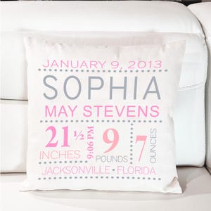 Almohada personalizada para anunciar el nacimiento: recuerdo personalizado de niña