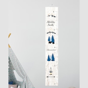 Montagnes Ours Tableau de croissance Fleurs Bleu Gris Toile enfants toile décoration de chambre