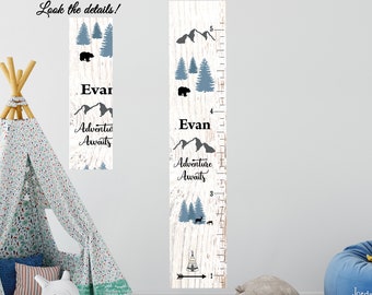 Tableau de croissance des enfants, montagnes, ours, pépinière d'art - décoration boisée pour chambre d'enfants, nature