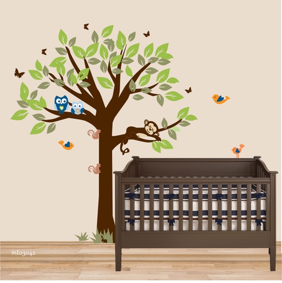nursery tree wall decal monkey wall decal tree with | etsy