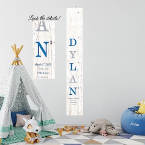 Personalize a impressão em madeira da tela, estatísticas de nascimento, gráfico de crescimento, tela com nome, tamanho grande - decoração infantil - gráfico de crescimento - berçário, bebê, azul, cinza