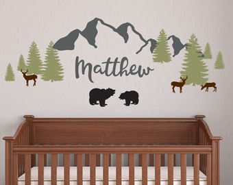 Mountains Nursery Wall Decal: Boho Bear, Trees, Deer