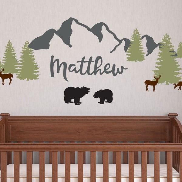 mountains wall decal nursery boho theme nursery wall sticker wall art bear trees wall decor kids wall decals