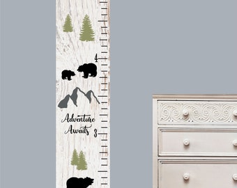 Children's Growth Chart Mountains Bear Nursery Art - Woodland  growth chart kids canvas room decor nature bears and mountains theme