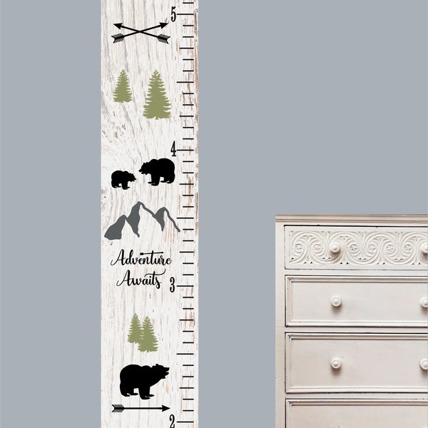 Children's Growth Chart Mountains Bear Nursery Art - Woodland  growth chart kids canvas room decor nature bears and mountains theme