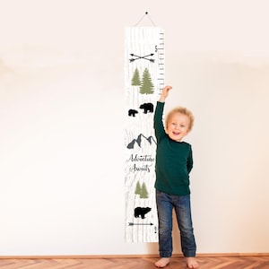 Wachstumsmesslatte für Kinder Berge Bär Kinderzimmer Kunst – Wachstumsmesslatte für Kinder auf Leinwand Raumdekor Naturbären und Berge