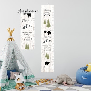 Gráfico de crescimento personalizado, impressão em madeira, tela de estatísticas de nascimento com nome, tamanho grande, decoração infantil, gráfico de crescimento, berçário de bebê