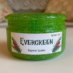 May include: A small, clear plastic jar filled with bright green glitter slime. The label reads "Evergreen" with a sprig of pine and red berries. The text "Babycat Slimes" is below the main text, and "Do Not Eat" is printed on the top right.
