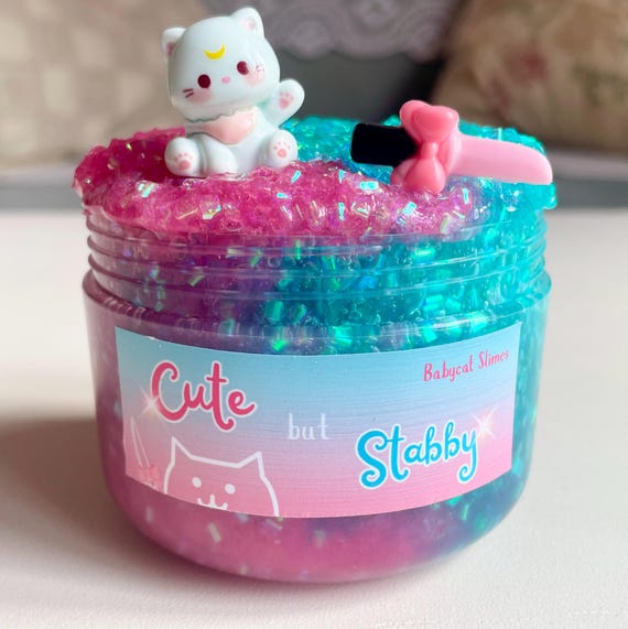 Bingsu Slime "Cute But Stabby": Pink and Blue with Cat Charm