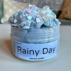 以下が含まれることがあります： 白とパステルブルーの雲のチャームと透明な星のチャームが付いた青いスライム。スライムは、透明なプラスチック容器に入っていて、白いラベルには「Rainy Day」と「Babycat Slimes」と書かれています。