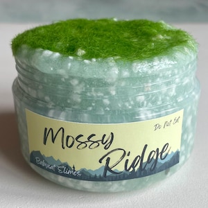 Può includere: Un barattolo di plastica trasparente riempito con una sostanza strutturata verde chiaro, sormontato da finto muschio verde vibrante. Il barattolo ha un'etichetta che recita "Mossy Ridge" con una scena di montagna e "Do Not Eat".