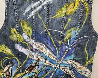 Denim Art Clothing-Recycled Chico's Vest-Birds, Dragonfly, Nature Theme-upcycled eco-friendly Original Painted Decoupaged Clothing Art