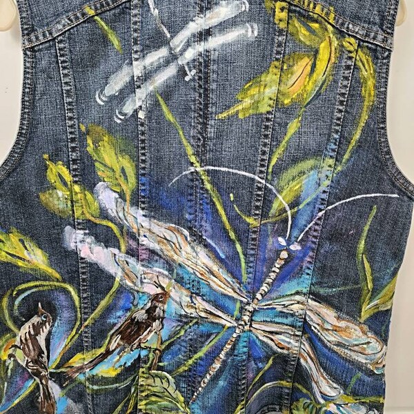 Original Painting- Denim Art Clothing-Recycled Chico's Vest-Birds, Dragonfly, Nature Theme-upcycled eco-friendly Painted Decoupaged Clothing