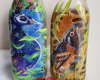 Glass Milk Bottles-Wine, Iced Tea Servers-Upcycled Beverage Storage- Artsy Handpainted Containers-Two 16 ounce Bird Themed Pour Bottles