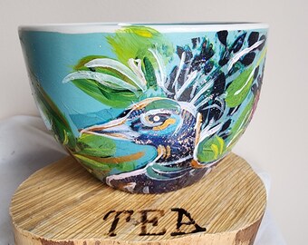 Large Coffee Mug- Latte Cup- Tea Cup-Handcrafted Artsy Bird Themed Aqua-Blue Ceramic Mug-Decoupaged & Handpainted Mug- signed by artist