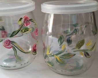 Glass Storage Jars with Tight Fitting Plastic Lids-Two Small Handpainted Floral Glass Jars-Food Storage Containers-4.73 ounce Jars