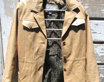 Vintage Wilson's Leather Jacket-Blazer Style-Car Coat-Groovy 1980's, 1990's Beige-Blond Leather Car Coat-Camel Colored Retro Leather Coat