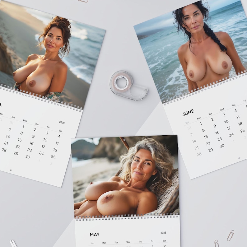 2026 Waifu Calendar With 50+ Women, Suntanned Sexy MILFs On The Beach, Artistic NSFW Busty MILF Wall Calendar, Mature 5