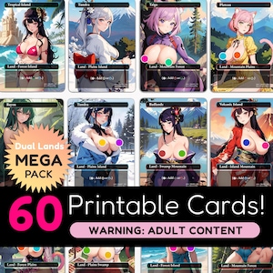 Puede incluir: Un conjunto de 60 cartas imprimibles con ilustraciones de estilo anime de personajes femeninos en varios entornos. Las cartas están etiquetadas con tipos de terreno como "Tropical Island" y "Tundra". Se muestra el texto "WARNING: ADULT CONTENT".
