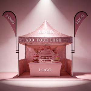 Puede incluir: Una carpa rosa para eventos con el texto "ADD YOUR LOGO" y "LOGO" mostrado. La carpa está montada con una mesa que muestra varios postres. Dos banderas rosas con "LOGO" están a cada lado de la carpa.