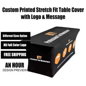 May include: A black custom printed stretch fit table cover with logo and message. The cover features the text "Different Sizes Option", "HD Full Color Logo", and "An Hour Design Preview". The table cover is designed for professional events.
