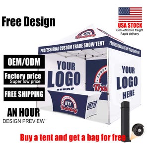 May include: A white trade show tent with a navy blue and red logo design. The tent features the text "YOUR LOGO HERE" and "PROFESSIONAL CUSTOM TRADE SHOW TENT". Additional text includes "Free Design" and "OEM/ODM".