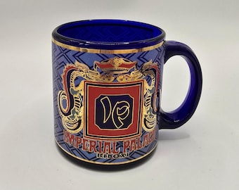 Vintage keizerlijk paleis Biloxi kobaltblauw glazen mok gouden draak casino souvenir
