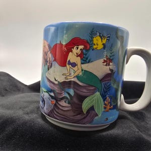 Vintage 90's Disney The Little Mermaid Ursula Flounder Mug Made in Thailand Blue image 1