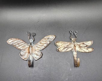 Vintage Cast Metal Butterfly & Dragonfly Wall Hooks Heavy Rustic Home Decor