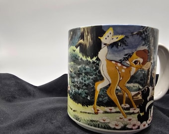 Vintage Disney Bambi Mug Made in Japan Thumper Flower Butterfly Blue Interior