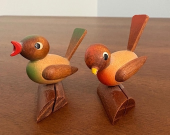 Vintage Erzgebirge German Hand Painted Wood Bird Place Card Holder Pair