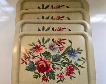 Vintage Metal Tray Set (4) – Needlepoint Rose Print, Cross-Stitch Floral on Cream Tin, Cottagecore Kitchen Décor