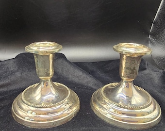 Vintage Newport Gorham Silverplate Candlesticks Pair Japan 3.5" Beaded Base MCM