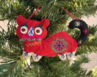 Vintage Handmade Embroidered Cat Ornament Folk Art Red Fabric 6” Boho Christmas