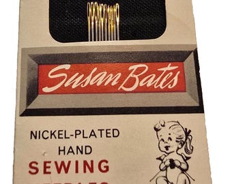 Agulhas de costura à mão bordadas vintage Susan Bates, cartão banhado a níquel