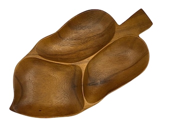Vintage Monkey Pod Wood Serving Dish | 3 Section Leaf Tray | Mid Century Philippines Carved Bowl | Boho Tiki Entertaining Decor