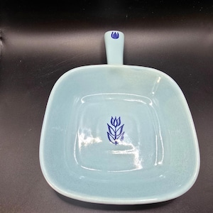 Teglia da forno quadrata con manici Cronin Pottery Blue Tulip, vintage, adatta al forno, prodotta negli Stati Uniti.