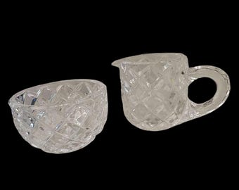 VTG Pressed Glass Cream & Sugar Set Diamond Point Starburst Clear Mid-Century