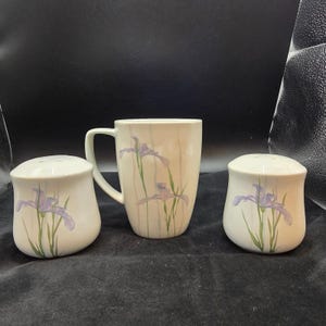 Corning Corelle Shadow Iris Salt & Pepper Shaker Set w/ Mug 4.25" Squared Handle Vintage