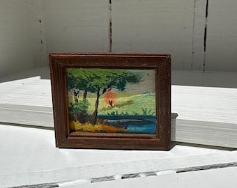 Vintage Dollhouse Miniature Wood Frame Oil Style Landscape Painting 1:12 Scale