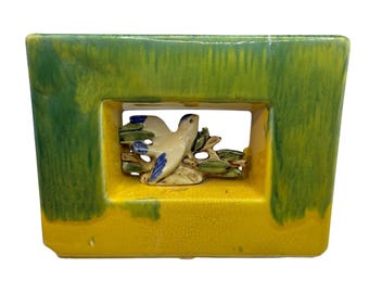 McCoy 1951 Arcature Line #7 Blue Bird Planter | Green Yellow Mid Century Modern Pottery | Vintage MCM USA Planter