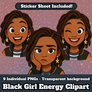 Clipart humeur adolescente afro-américaine | Expressions emoji torsadées à deux brins | Ensemble PNG de style 3DQ | Stickers numériques pour agendas et travaux manuels