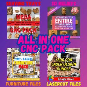 Mega Pacote CNC Tudo em Um – Mais de 500 mil arquivos CNC para laser e roteador | Relevos, bandejas, móveis | Stl Dxf Svg | Download instantâneo – Uso comercial