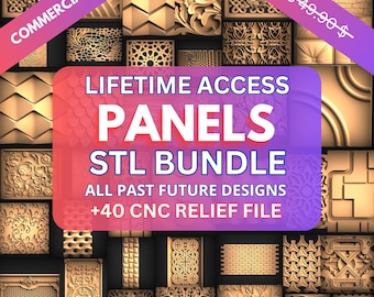 May include: A collage of 40+ CNC relief panel designs in a variety of styles. The image includes a pink and purple banner with the text "LIFETIME ACCESS PANELS STL BUNDLE ALL PAST FUTURE DESIGNS +40 CNC RELIEF FILE". The text "COMMERCIAL USE" is in a white banner with a red border. The text "WAS 49.90$" is in a white banner with a red border. The text "CNC Operator Approved" is in a white banner with a purple border. The text "Tested With Cnc Machining" is in a white banner with a purple border.