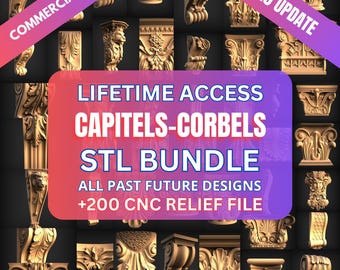 May include: A collection of beige-colored architectural elements, including capitals and corbels, are displayed against a dark background. The image features text that reads "LIFETIME ACCESS CAPITELS-CORBELS STL BUNDLE" and "+200 CNC RELIEF FILE".