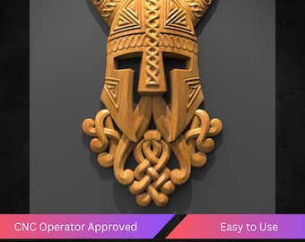 Viking Warrior Helmet 3D STL Model for CNC Router Wood Carving Norse Mythology Wall Decor Celtic Knot Beard Digital Download Art Design File