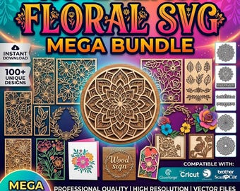 100+ bloemen SVG-bundel lasergesneden bestanden hout teken sjabloon gravure ontwerpen mandala Coaster decor DXF CNC-router ambachten
