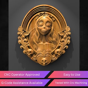 May include: Wooden carved wall art featuring a stylized female figure with large eyes, framed by an oval border with decorative elements including butterflies, skulls, and floral patterns. The art is made of light brown wood. The text "CNC Operator Approved" and "Easy to Use" are visible.