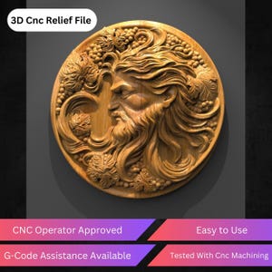 Puede incluir: Un relieve circular de madera que presenta un perfil detallado de un hombre barbudo con cabello suelto y vides. El texto "3D Cnc Relief File" está en la parte superior. El texto adicional incluye "CNC Operator Approved", "Easy to Use", "G-Code Assistance Available" y "Tested With Cnc Machining".