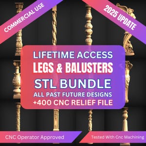 May include: A digital download of over 400 CNC relief files for legs and balusters. The files are compatible with CNC machines and include a variety of designs. The image shows a selection of the designs, which are all intricately detailed and ornate.